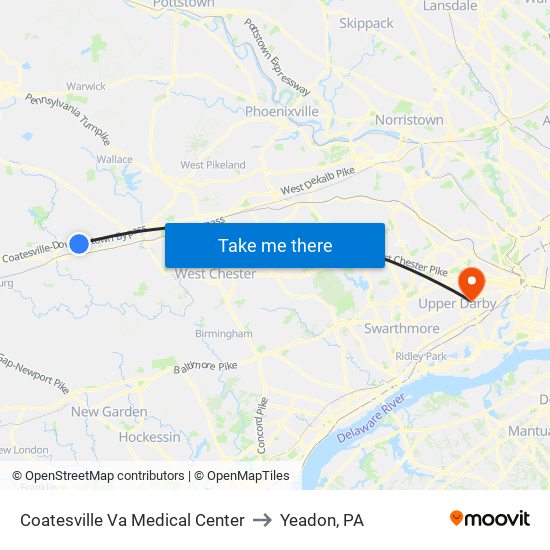 Coatesville Va Medical Center to Yeadon, PA map