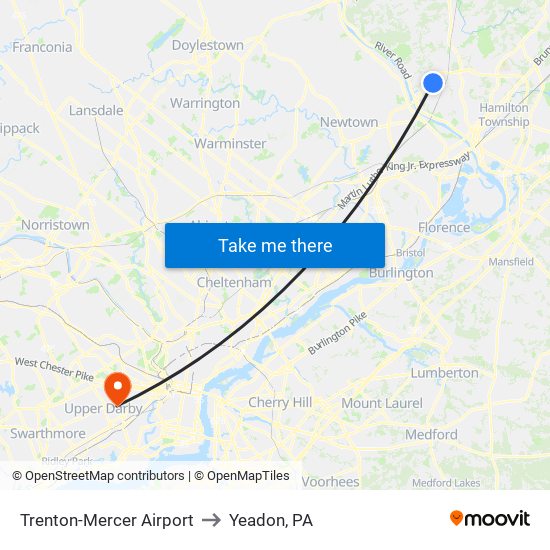 Trenton-Mercer Airport to Yeadon, PA map