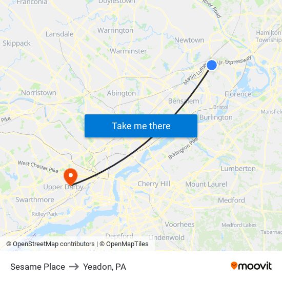 Sesame Place to Yeadon, PA map