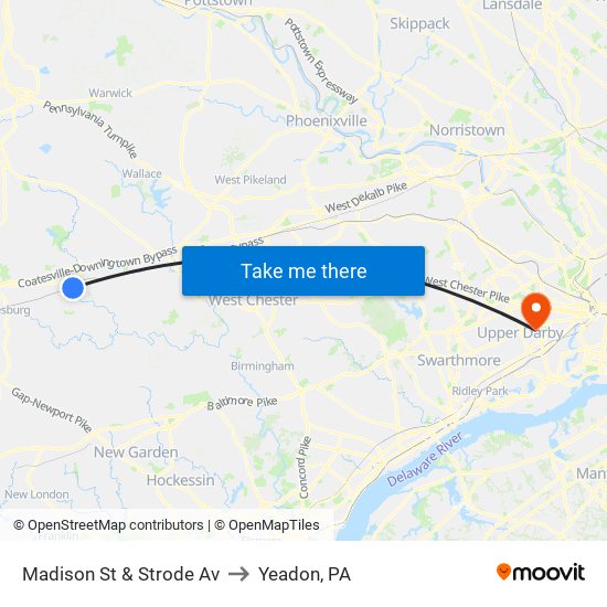Madison St & Strode Av to Yeadon, PA map