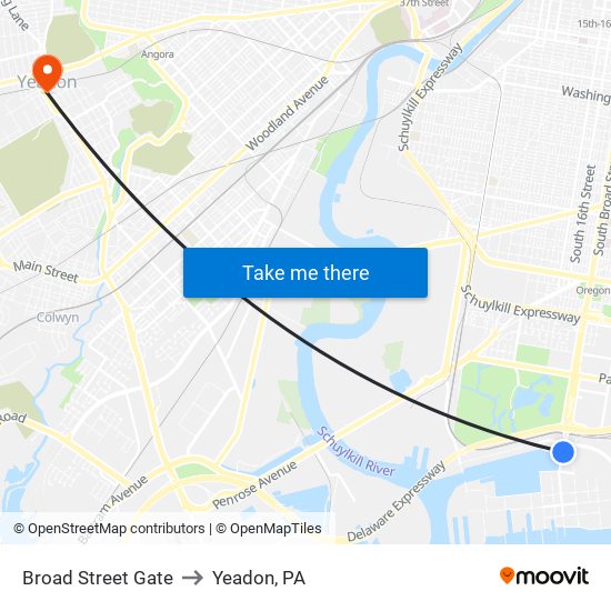 Broad Street Gate to Yeadon, PA map