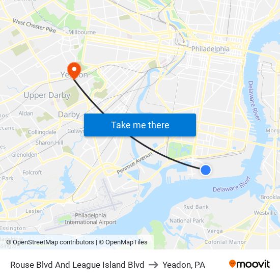 Rouse Blvd And League Island Blvd to Yeadon, PA map