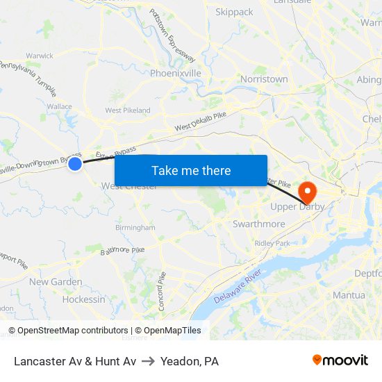 Lancaster Av & Hunt Av to Yeadon, PA map