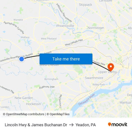 Lincoln Hwy & James Buchanan Dr to Yeadon, PA map