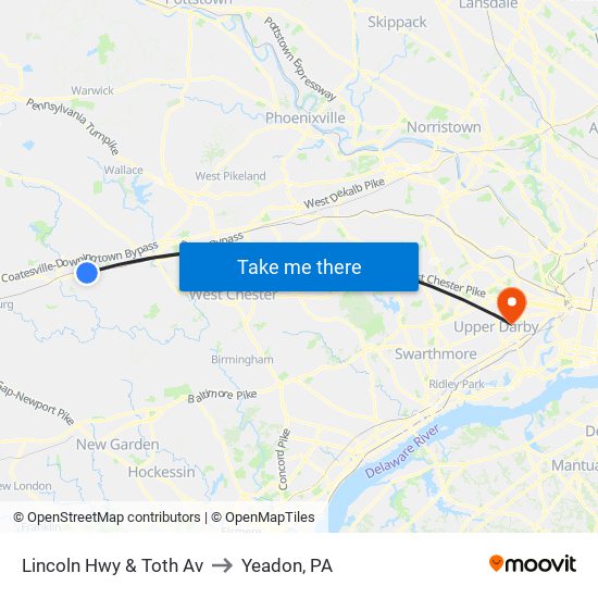 Lincoln Hwy & Toth Av to Yeadon, PA map