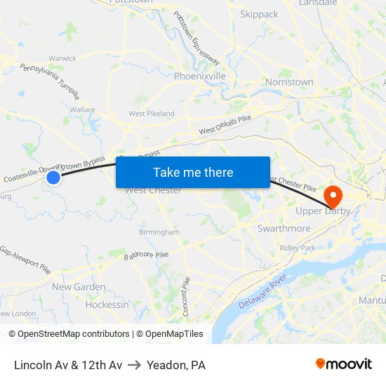 Lincoln Av & 12th Av to Yeadon, PA map