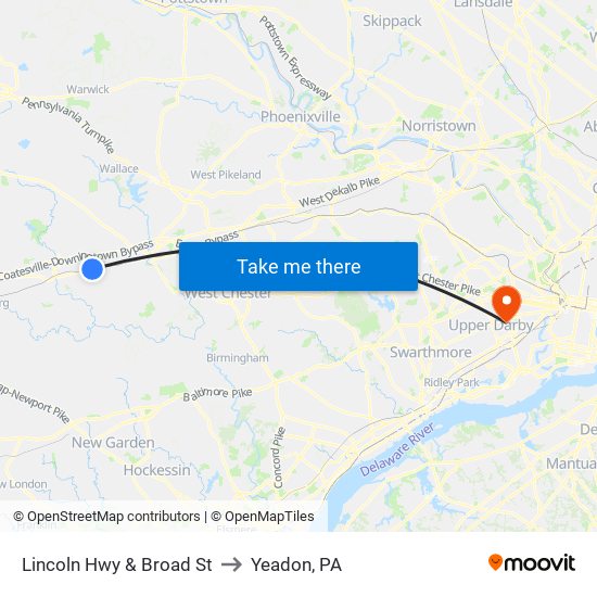 Lincoln Hwy & Broad St to Yeadon, PA map