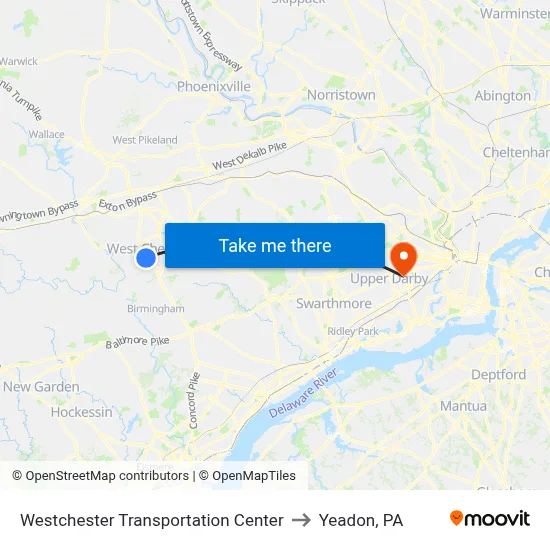 Westchester Transportation Center to Yeadon, PA map