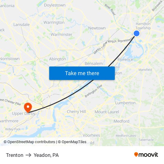 Trenton to Yeadon, PA map