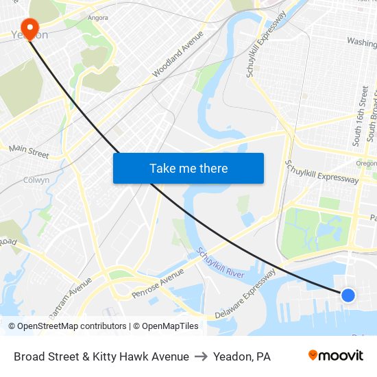 Broad Street & Kitty Hawk Avenue to Yeadon, PA map