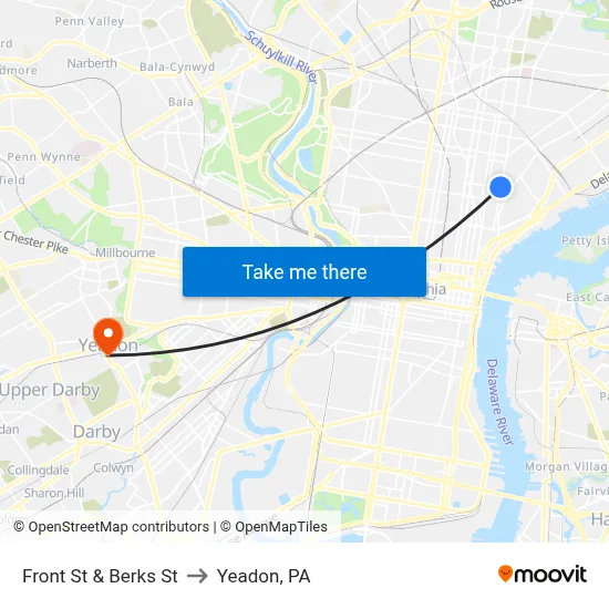 Front St & Berks St to Yeadon, PA map