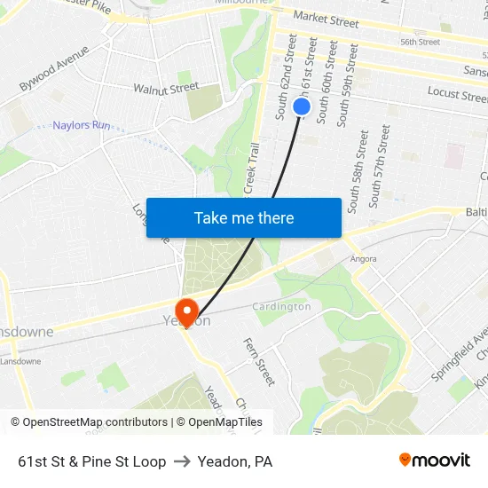 61st St & Pine St Loop to Yeadon, PA map
