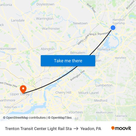 Trenton Transit Center Light Rail Sta to Yeadon, PA map