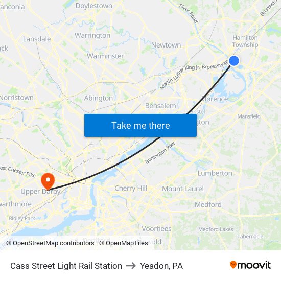 Cass Street Light Rail Station to Yeadon, PA map