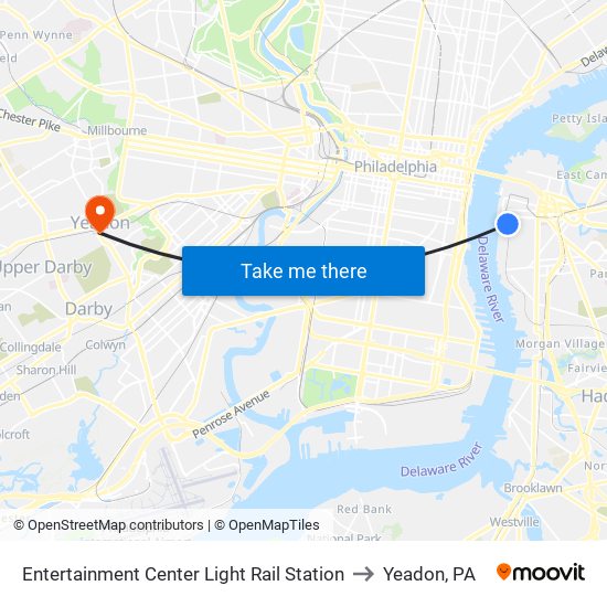 Entertainment Center Light Rail Station to Yeadon, PA map