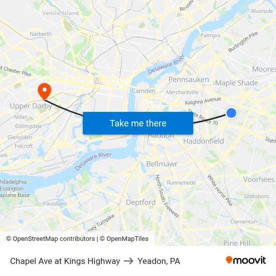 Chapel Ave at Kings Highway to Yeadon, PA map