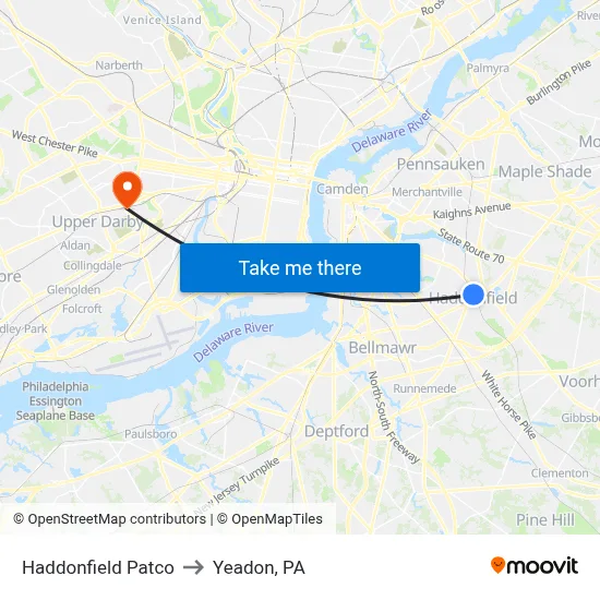 Haddonfield Patco to Yeadon, PA map