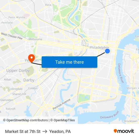 Market St at 7th St to Yeadon, PA map