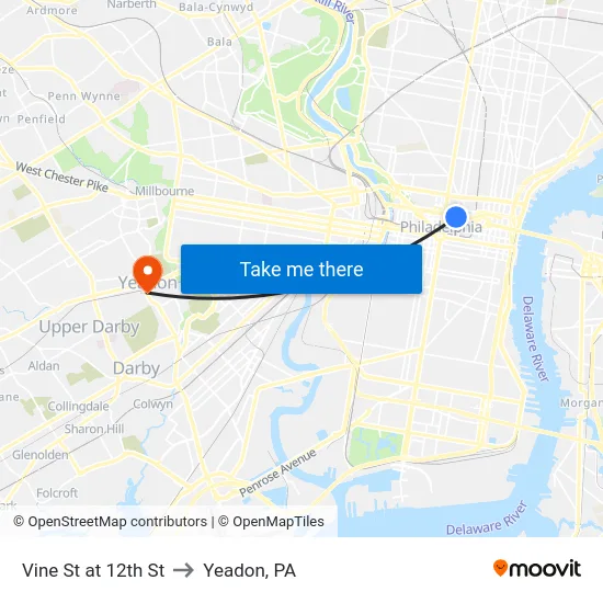 Vine St at 12th St to Yeadon, PA map