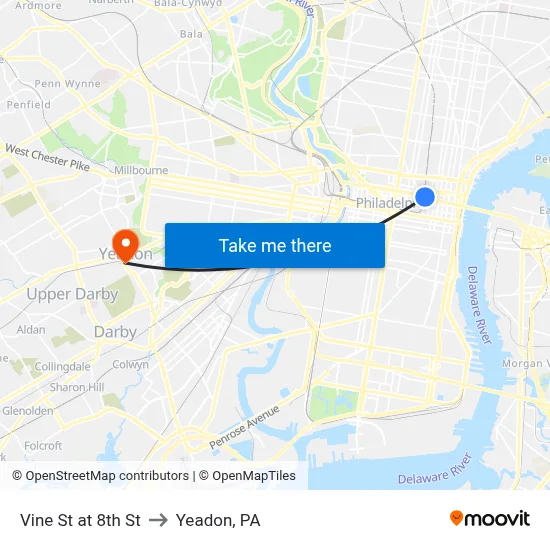 Vine St at 8th St to Yeadon, PA map