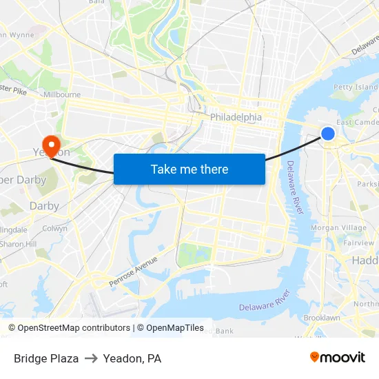Bridge Plaza to Yeadon, PA map