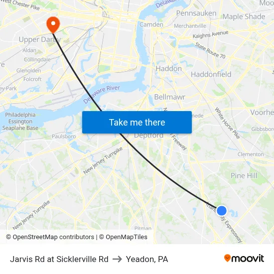 Jarvis Rd at Sicklerville Rd to Yeadon, PA map