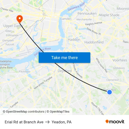 Erial Rd at Branch Ave to Yeadon, PA map