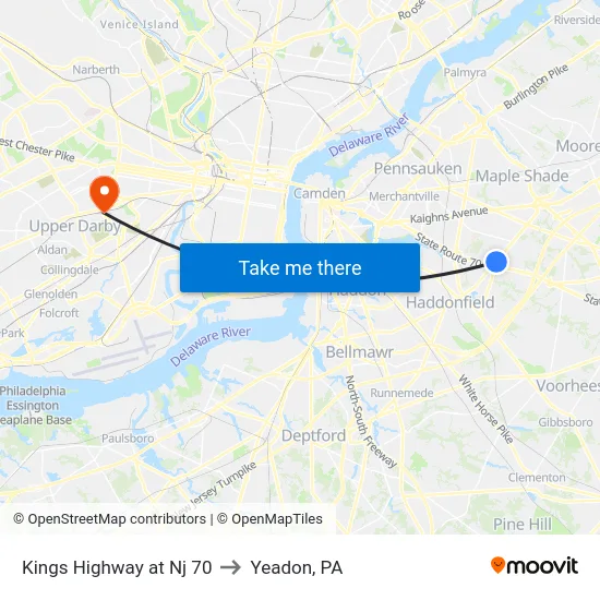 Kings Highway at Nj 70 to Yeadon, PA map
