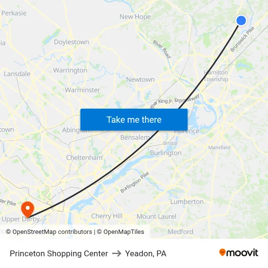 Princeton Shopping Center to Yeadon, PA map
