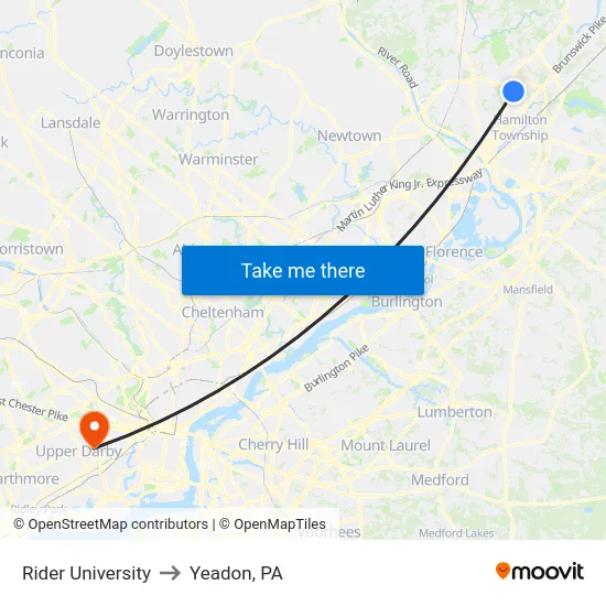 Rider University to Yeadon, PA map