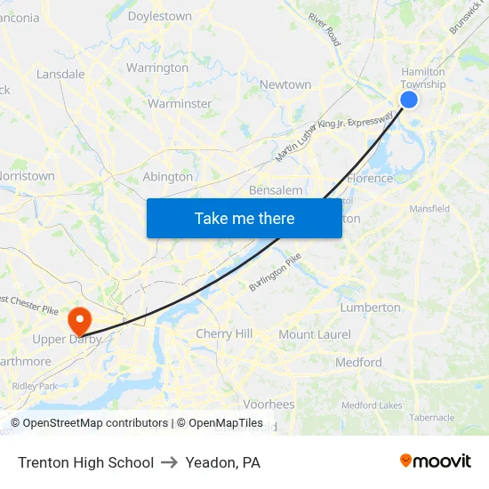 Trenton High School to Yeadon, PA map