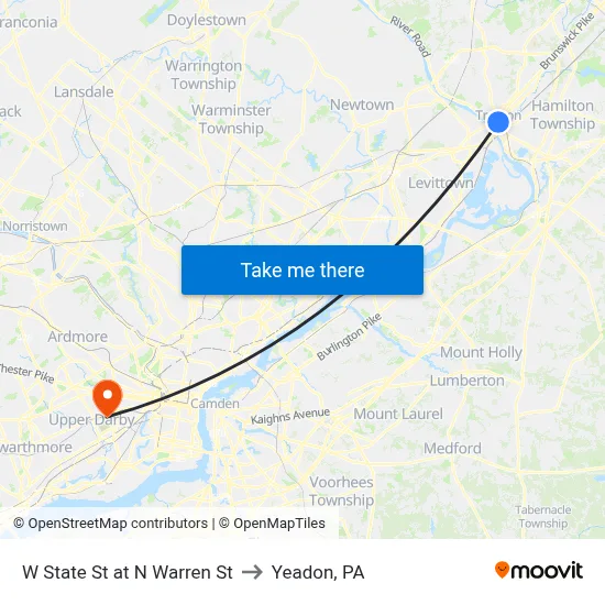 W State St at N Warren St to Yeadon, PA map