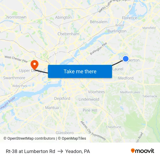 Rt-38 at Lumberton Rd to Yeadon, PA map