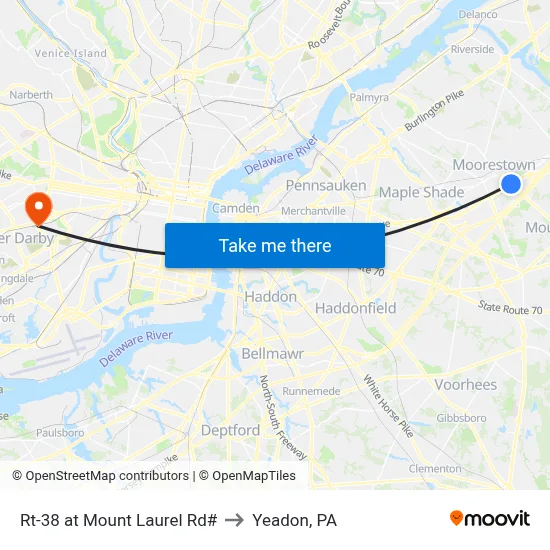 Rt-38 at Mount Laurel Rd# to Yeadon, PA map