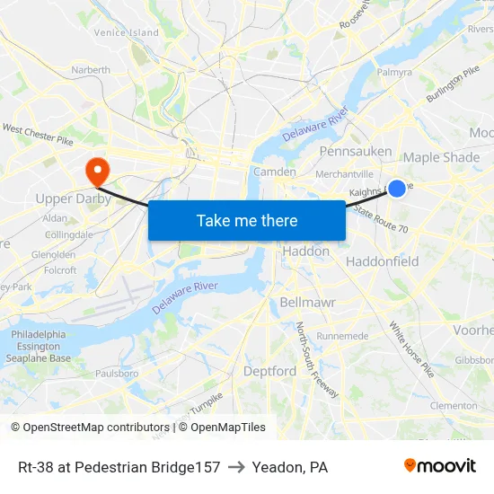 Rt-38 at Pedestrian Bridge157 to Yeadon, PA map