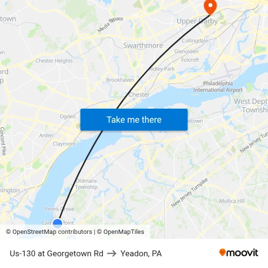 Us-130 at Georgetown Rd to Yeadon, PA map