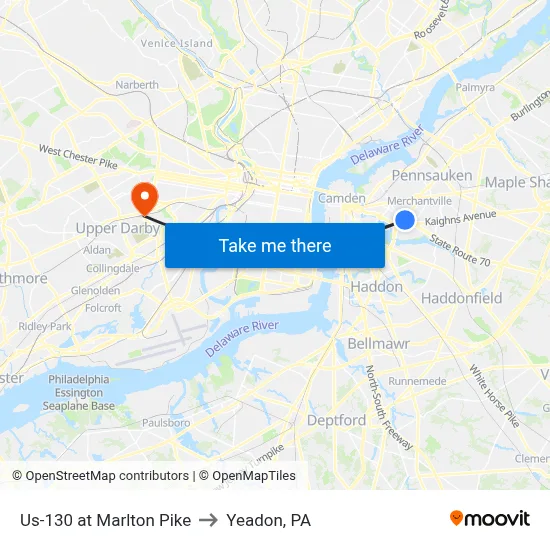Us-130 at Marlton Pike to Yeadon, PA map
