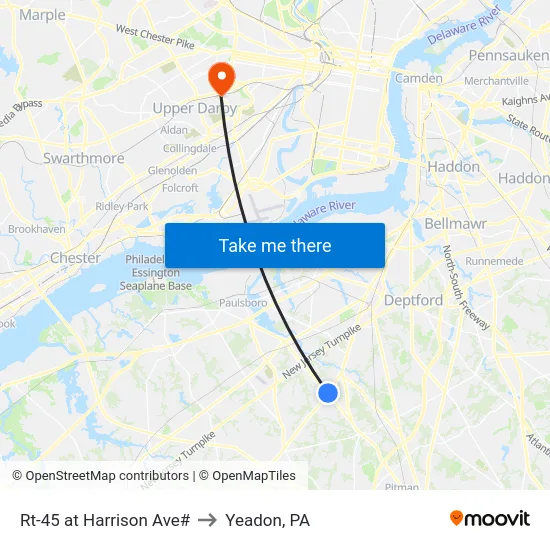 Rt-45 at Harrison Ave# to Yeadon, PA map