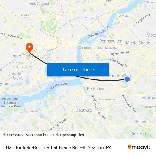 Haddonfield-Berlin Rd at Brace Rd to Yeadon, PA map