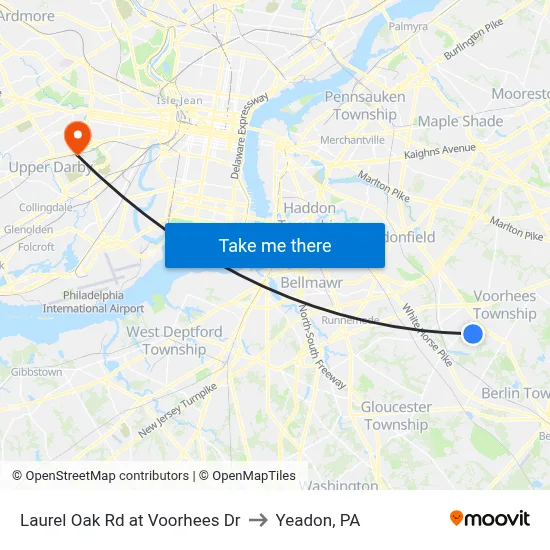 Laurel Oak Rd at Voorhees Dr to Yeadon, PA map