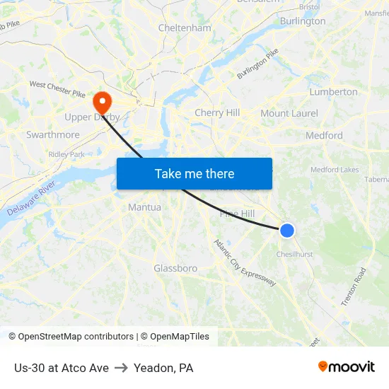 Us-30 at Atco Ave to Yeadon, PA map