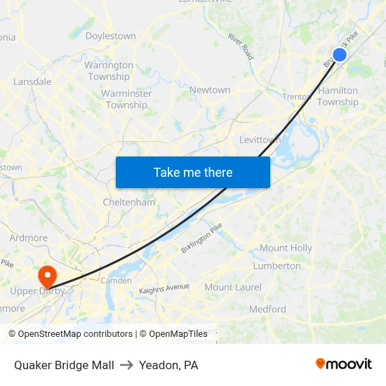 Quaker Bridge Mall to Yeadon, PA map