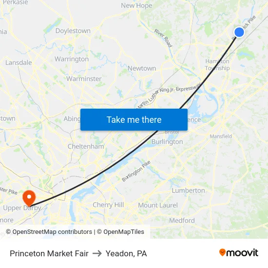 Princeton Market Fair to Yeadon, PA map