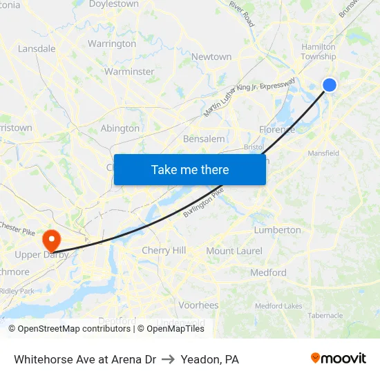 Whitehorse Ave at Arena Dr to Yeadon, PA map