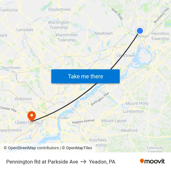 Pennington Rd at Parkside Ave to Yeadon, PA map