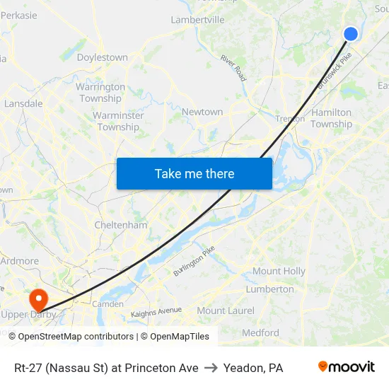 Rt-27 (Nassau St) at Princeton Ave to Yeadon, PA map