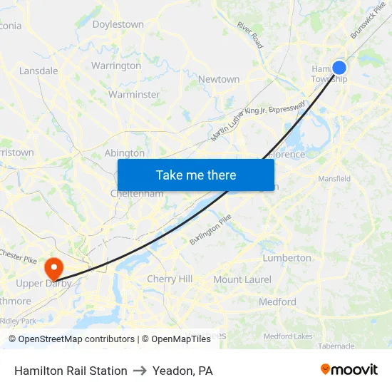 Hamilton Rail Station to Yeadon, PA map