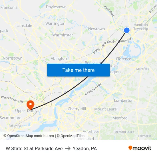 W State St at Parkside Ave to Yeadon, PA map