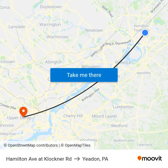 Hamilton Ave at Klockner Rd to Yeadon, PA map