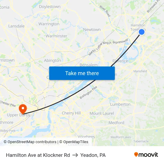 Hamilton Ave at Klockner Rd to Yeadon, PA map